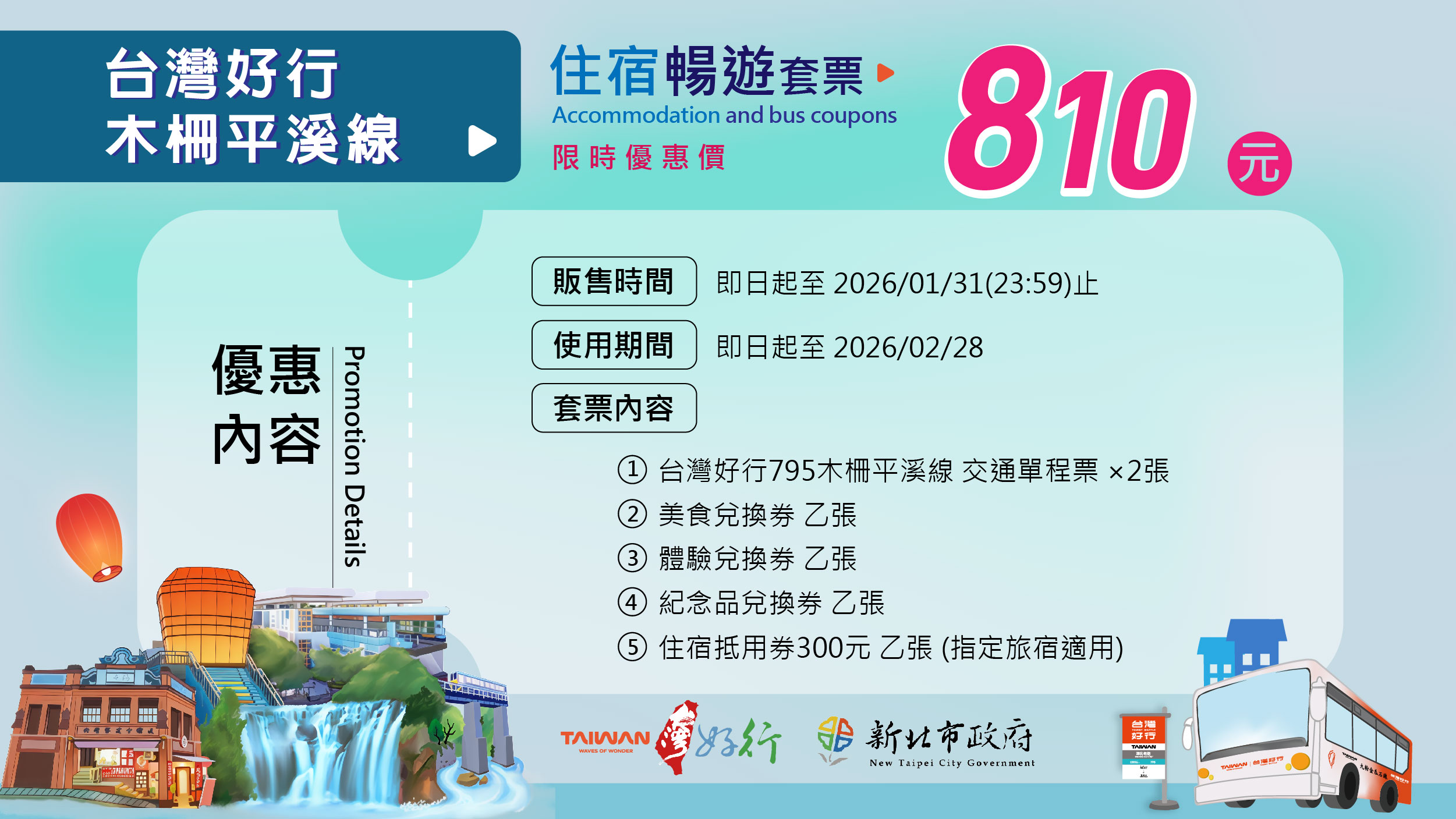▼暢遊套票(含住宿抵用券)，票樣
